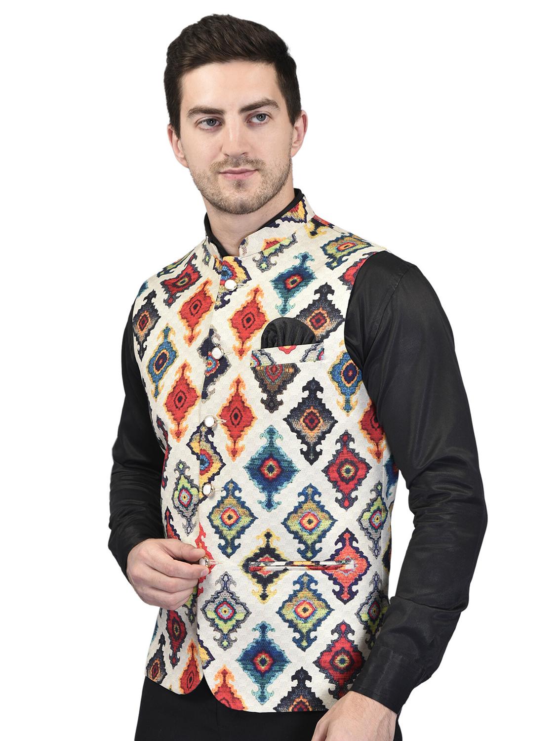 men mandarin neck printed nehru jacket - 21340586 -  Standard Image - 1