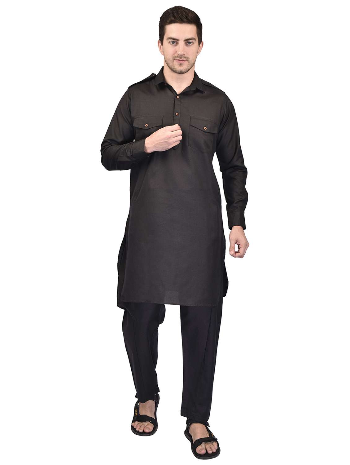 black cotton blend kurta pyjama ethnic wear set