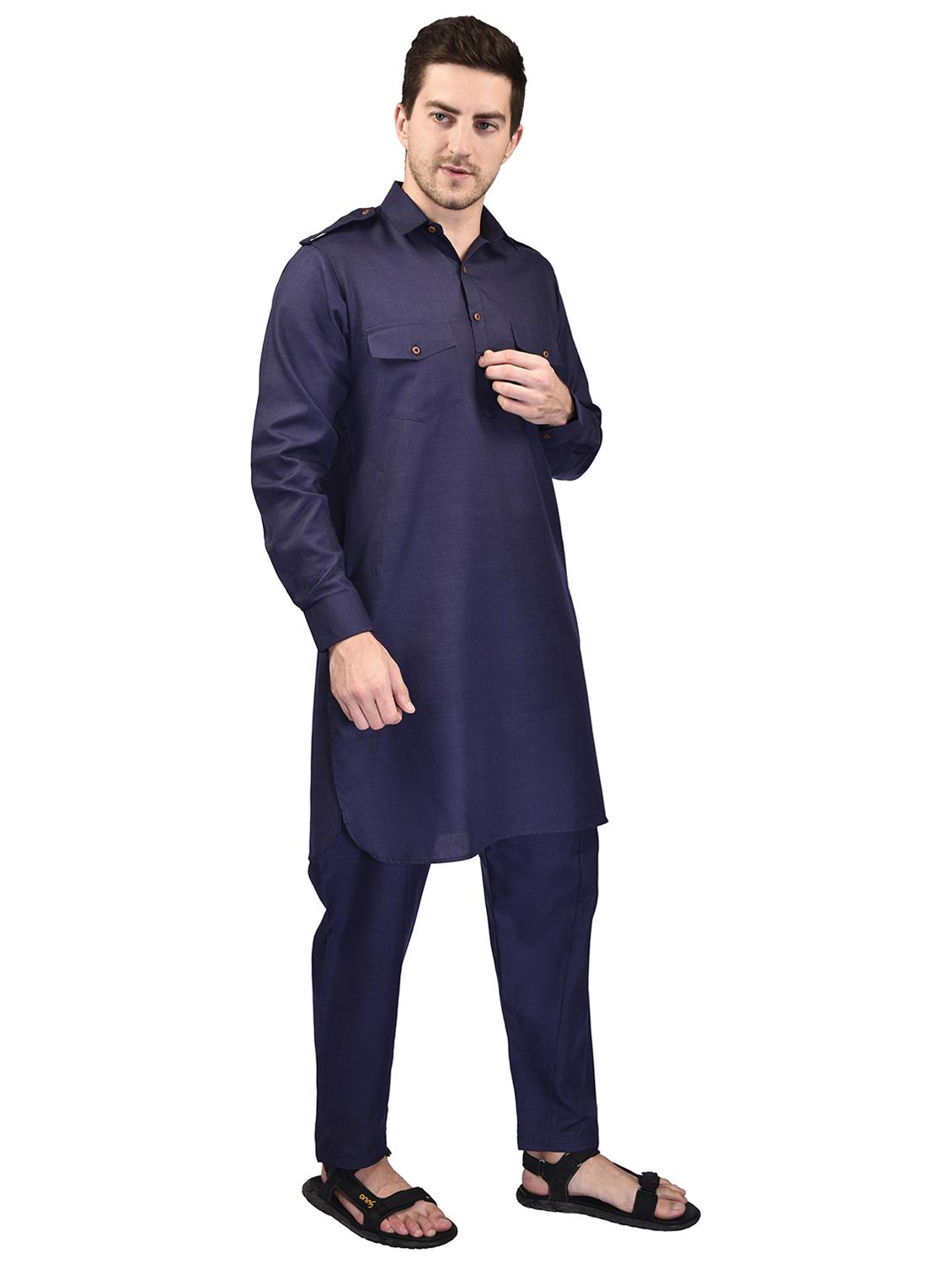 navy blue cotton blend kurta pyjama ethnic wear set - 21340626 - Standard Image - 1