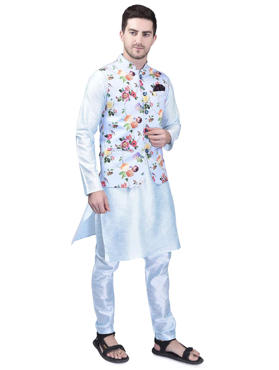 men silk blend kurta pyjama with jacket - 21340682 -  Standard Image - 1