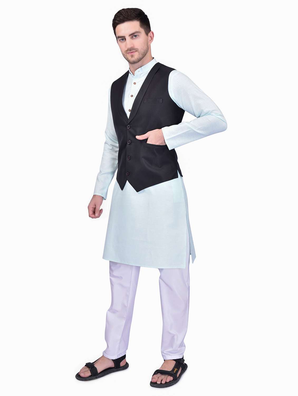 men silk blend kurta pyjama with jacket - 21340755 -  Standard Image - 1