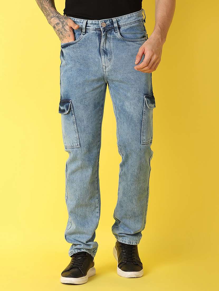 men solid light blue cargo jeans