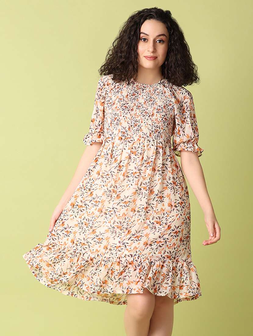 women florals puff sleeves fit & flare dress