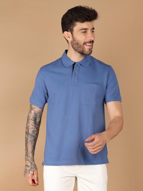men blue regular fit plain short sleeve polo t-shirt - 21341788 - Standard Image - 0