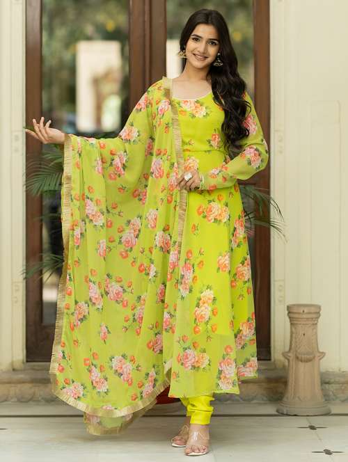 women green floral printed kurta dupatta set - 21342213 - Standard Image - 0