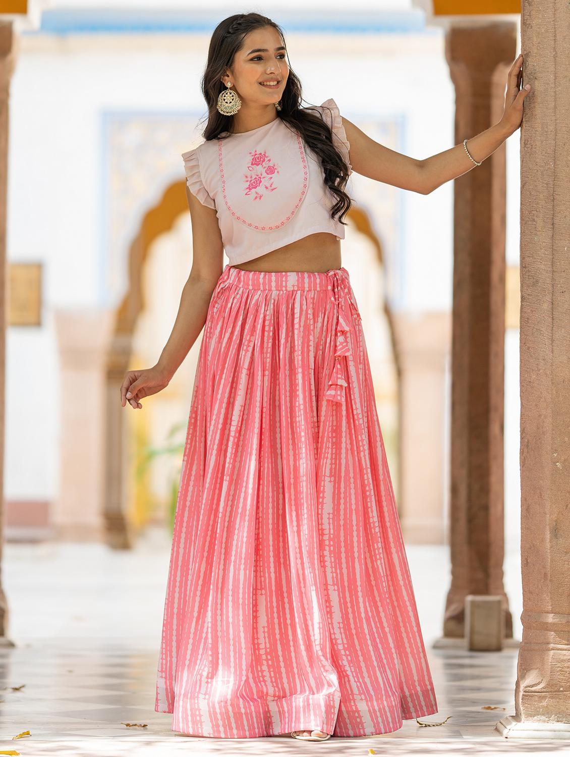 women pink semi-stitched lehenga choli 