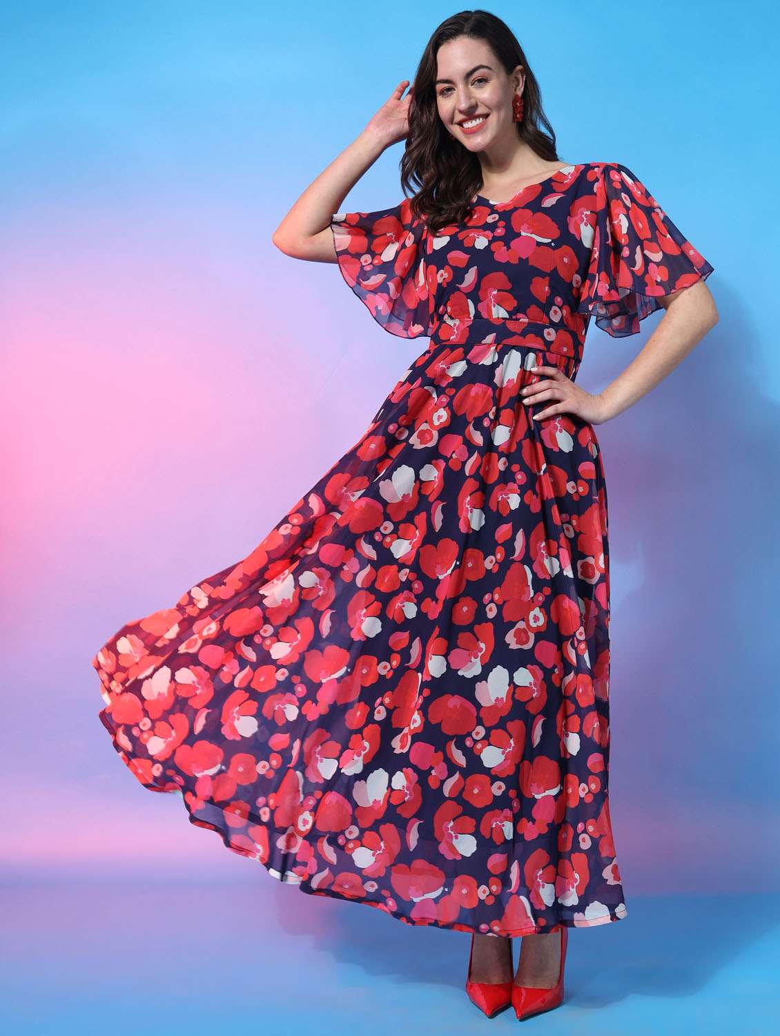 women florals printed flared ethnic dress