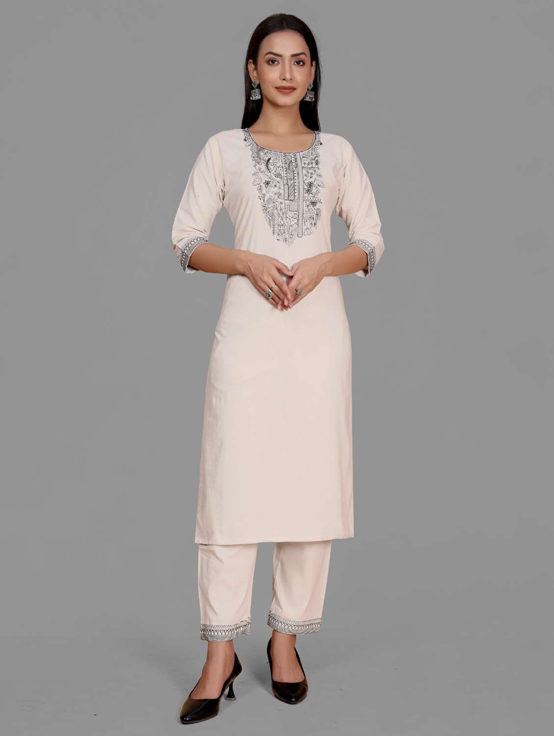 women off white embroidered kurta pant set 