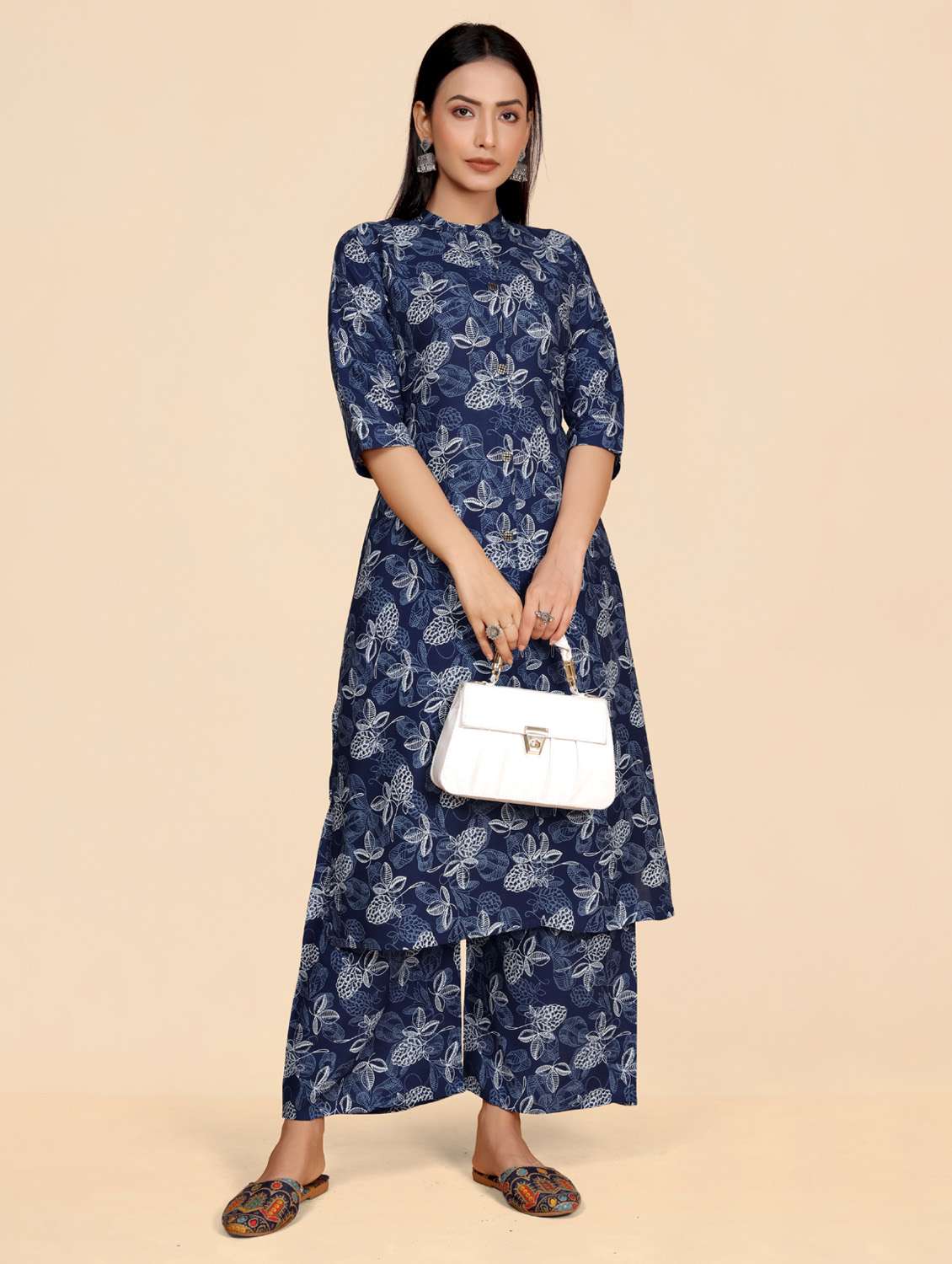 women three quarter sleeve kurta palazzo set