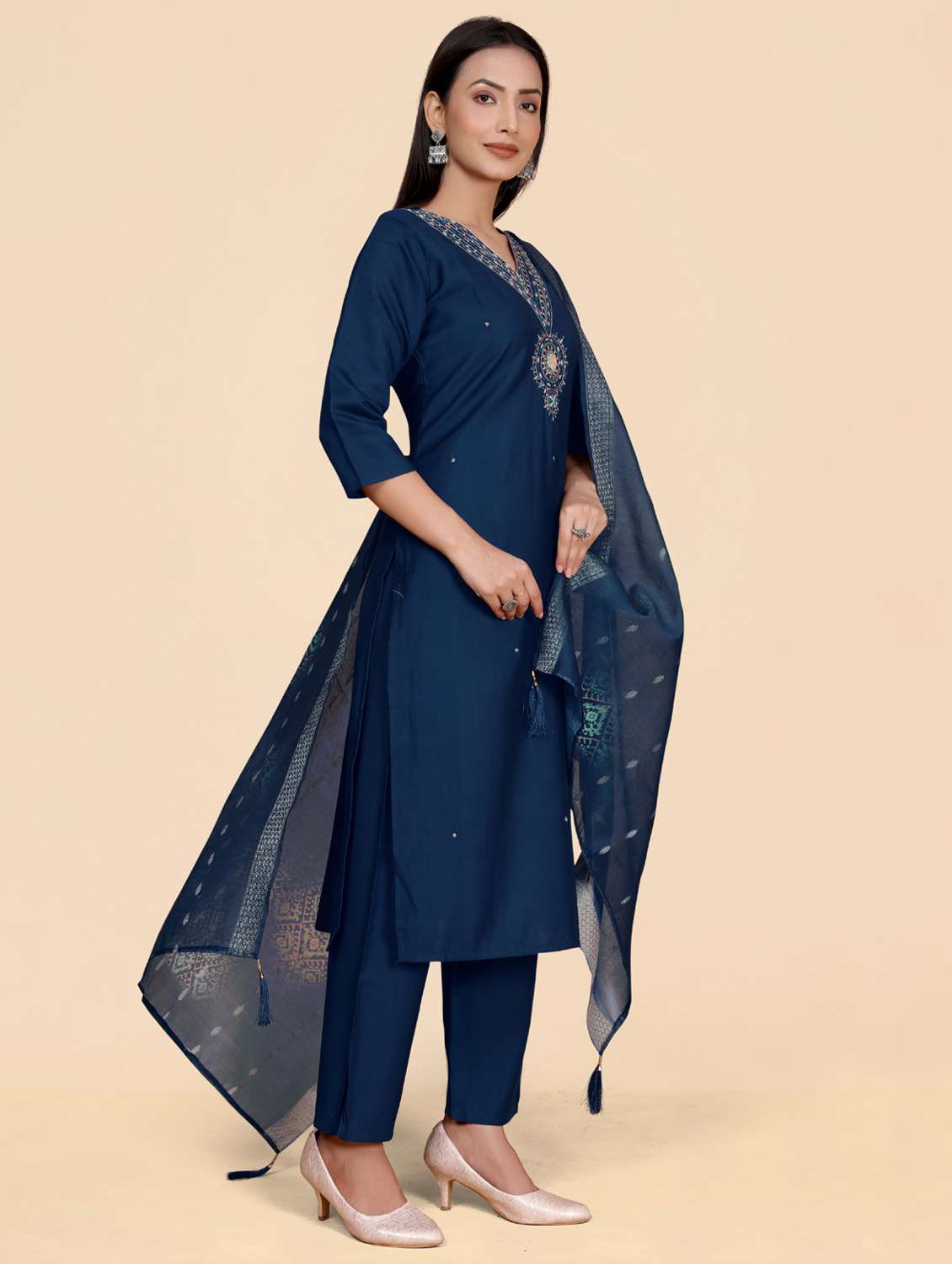 women embroidered three quarter sleeve kurta pant with dupatta set - 21344037 -  Standard Image - 1
