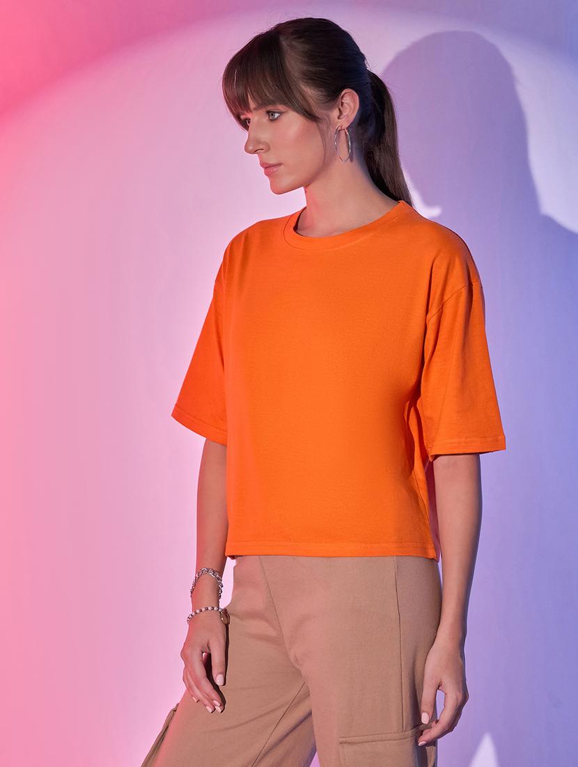 women orange cotton boxy t-shirt - 21344183 - Standard Image - 1