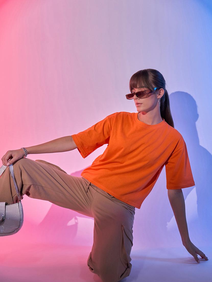 women orange cotton boxy t-shirt - 21344183 - Standard Image - 4