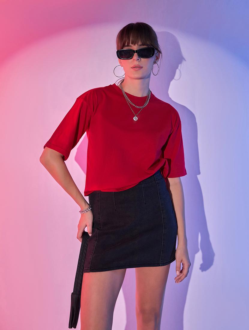 women solid short sleeves boxy t-shirt - 21344186 -  Zoom Image - 0