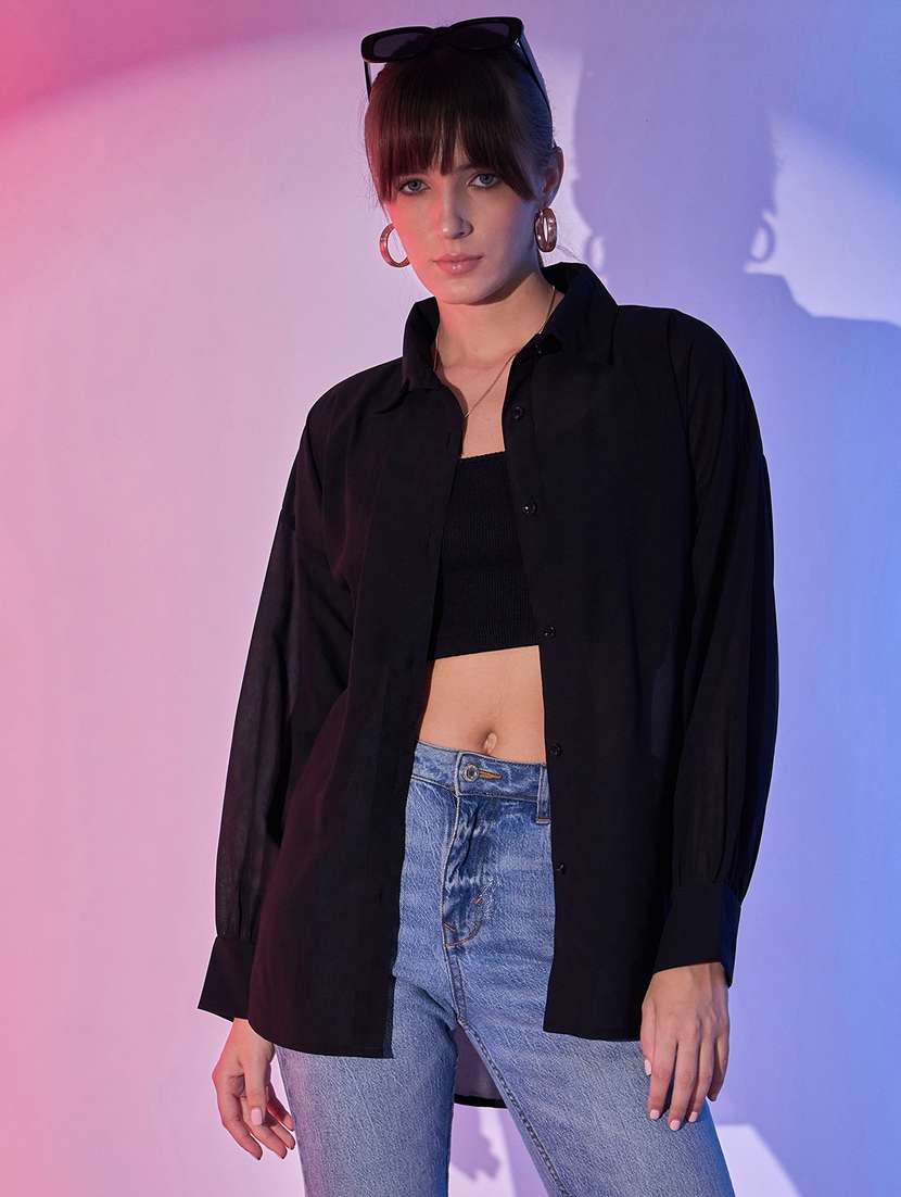 women solid collared high-low shirt - 21344198 - Standard Image - 1