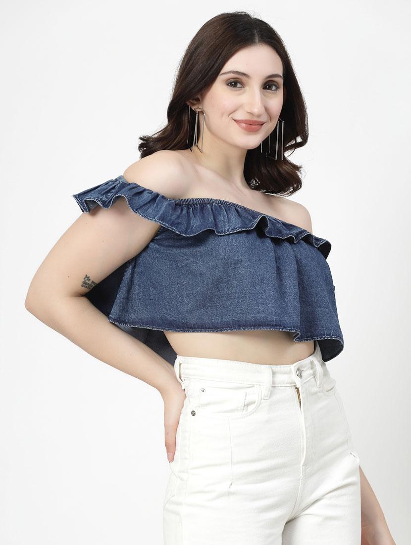women blue cotton blend crop top - 21344258 - Standard Image - 1