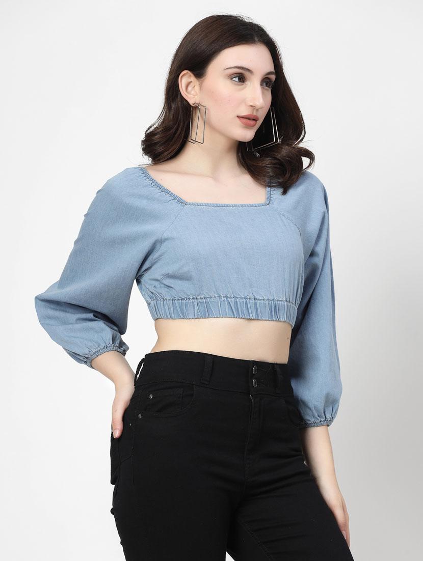 women blue cotton blend crop top - 21344259 -  Standard Image - 1