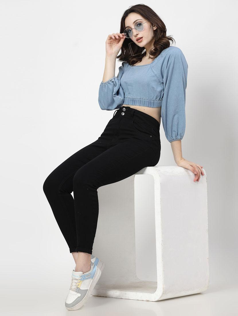 women blue cotton blend crop top - 21344259 - Standard Image - 4
