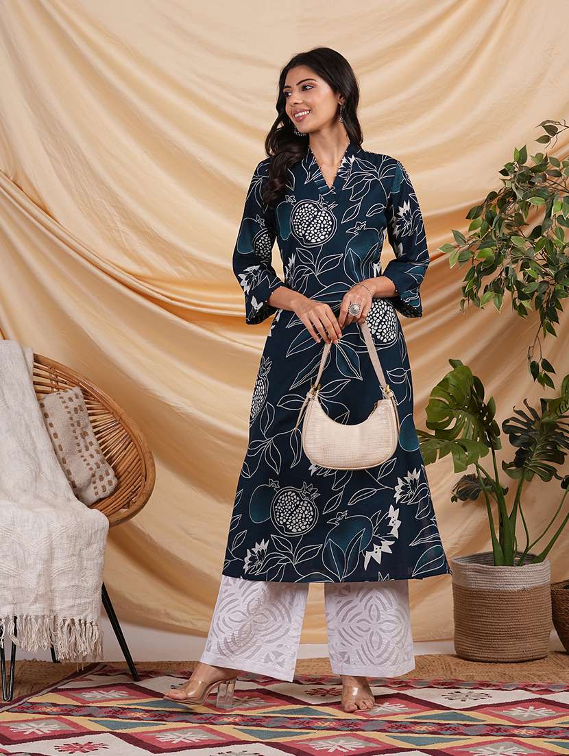 women v-neck printed a-line kurta