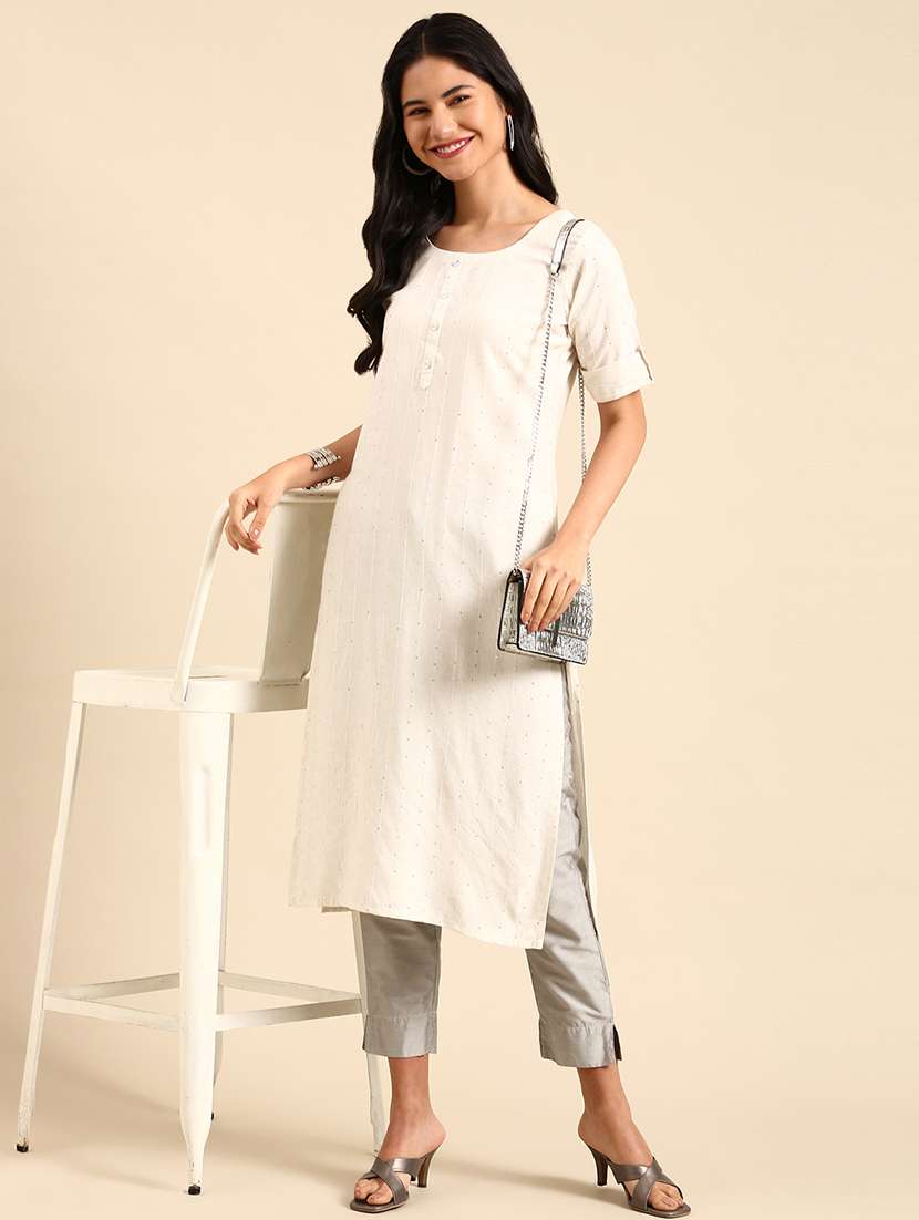 off white striped roll up sleeve straight kurta