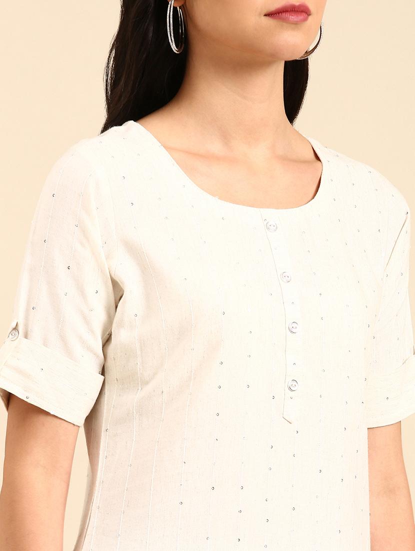off white striped roll up sleeve straight kurta - 21344932 - Standard Image - 4