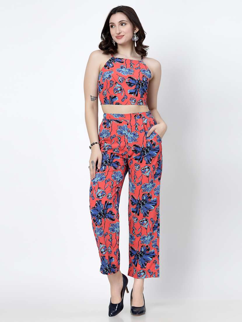 women peach polyester top and trouser co-ord set