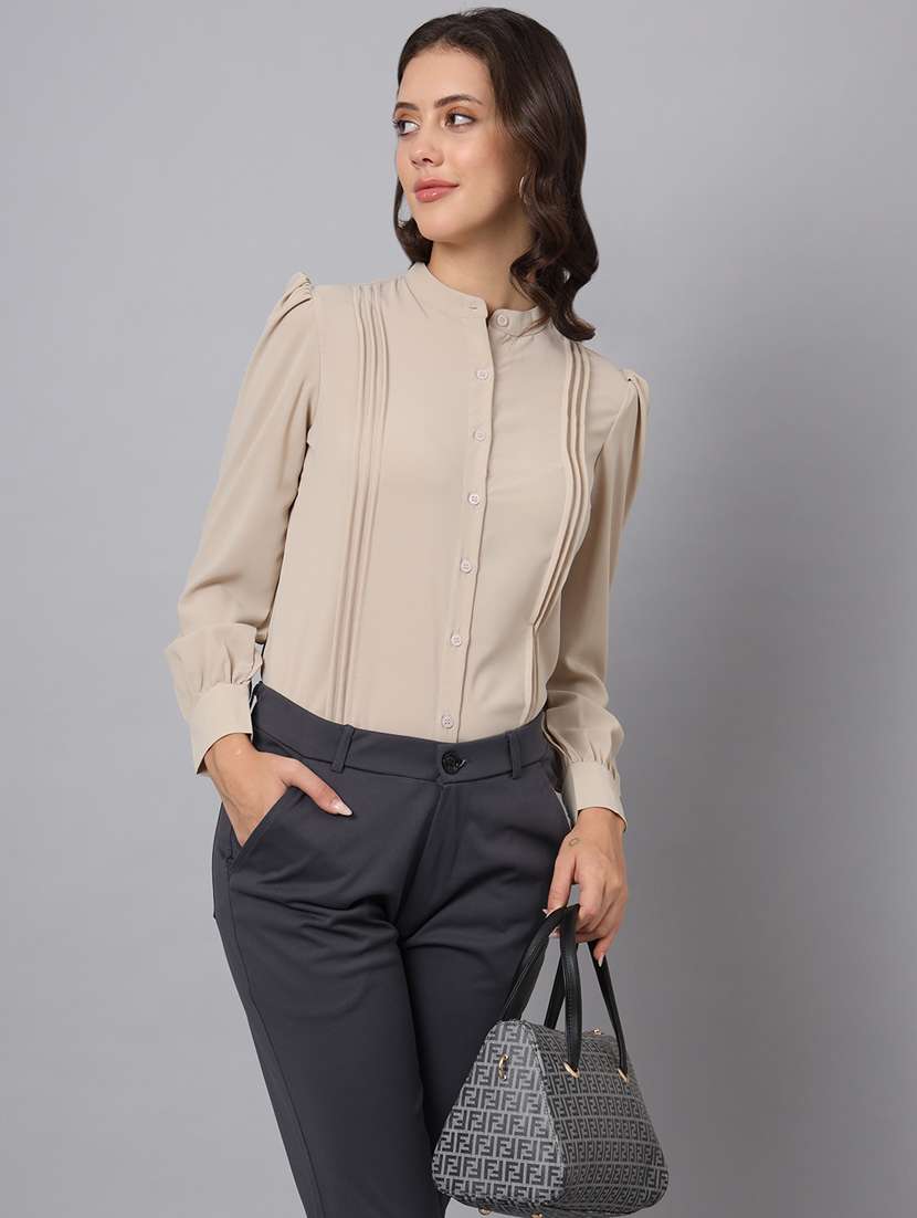women nude brown cotton blend regular shirt - 21345180 - Standard Image - 1