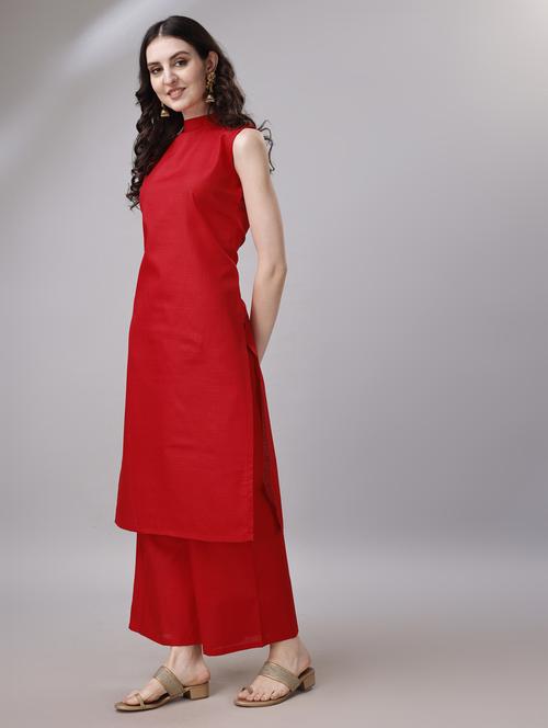 red cotton kurta pant  set - 21345651 -  Standard Image - 0