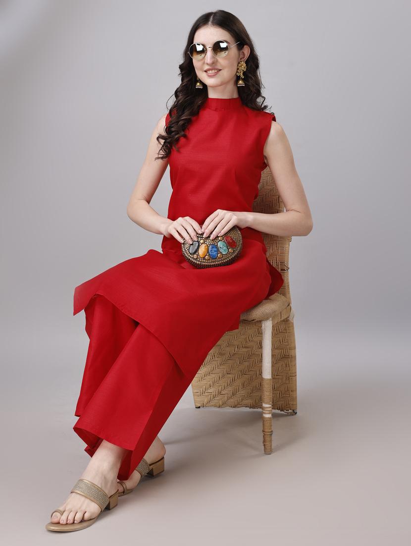 red cotton kurta pant  set - 21345651 -  Standard Image - 1