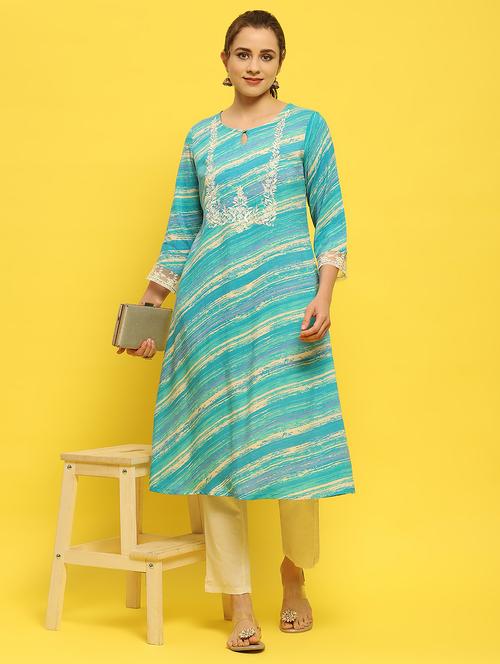 women blue rayon a-line kurta - 21348576 -  Standard Image - 0