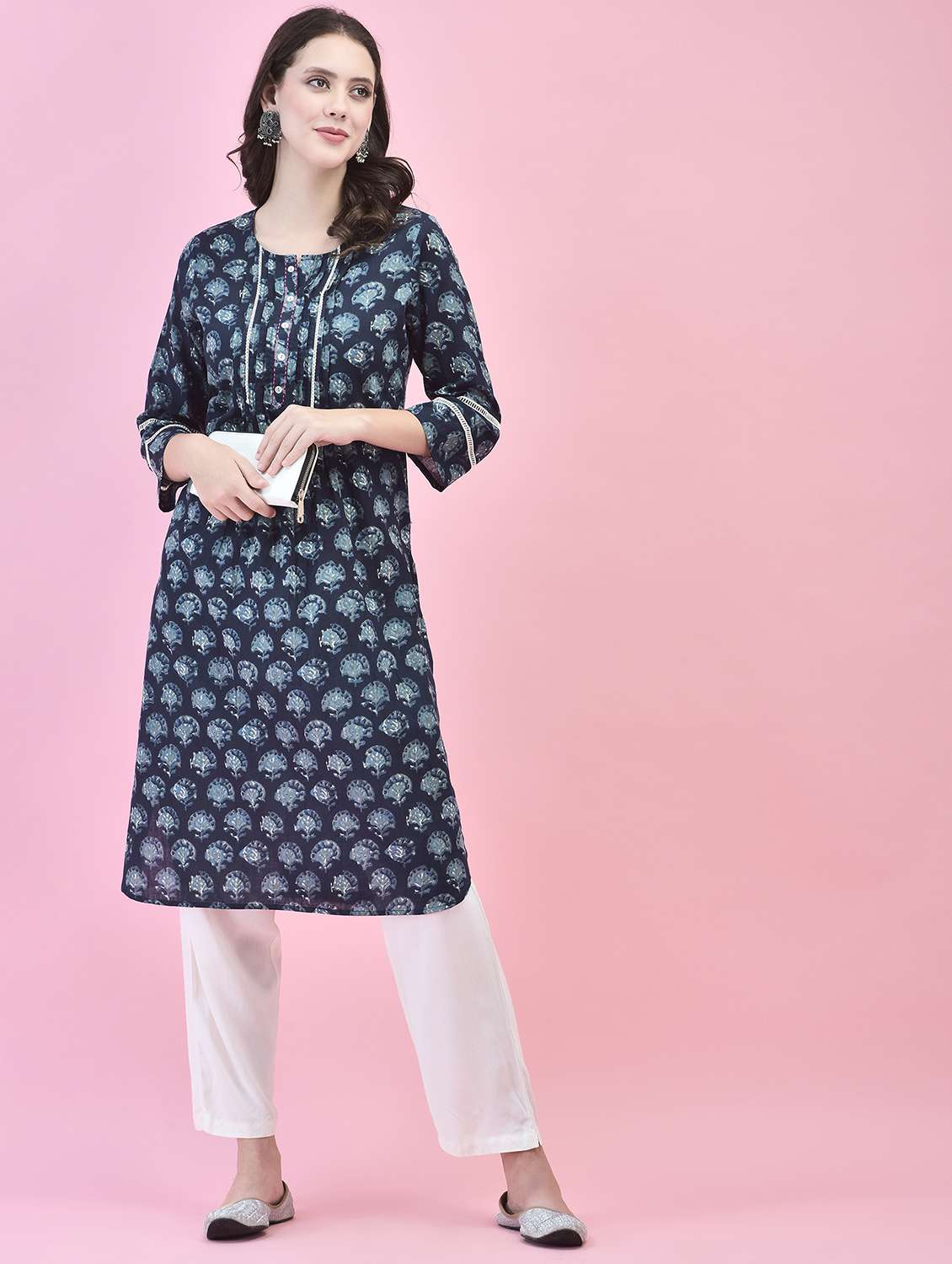 women navy blue cotton blend straight kurta