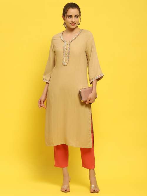 women beige viscose straight kurta - 21348578 - Standard Image - 0