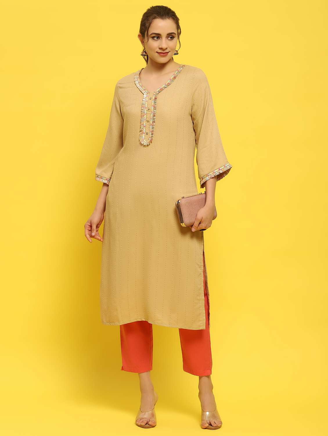 women beige viscose straight kurta - 21348578 - Zoom Image - 0