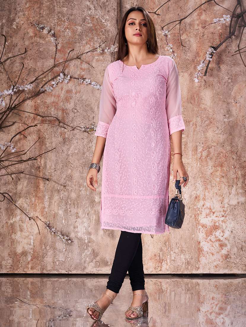 women pink embroidered straight kurta