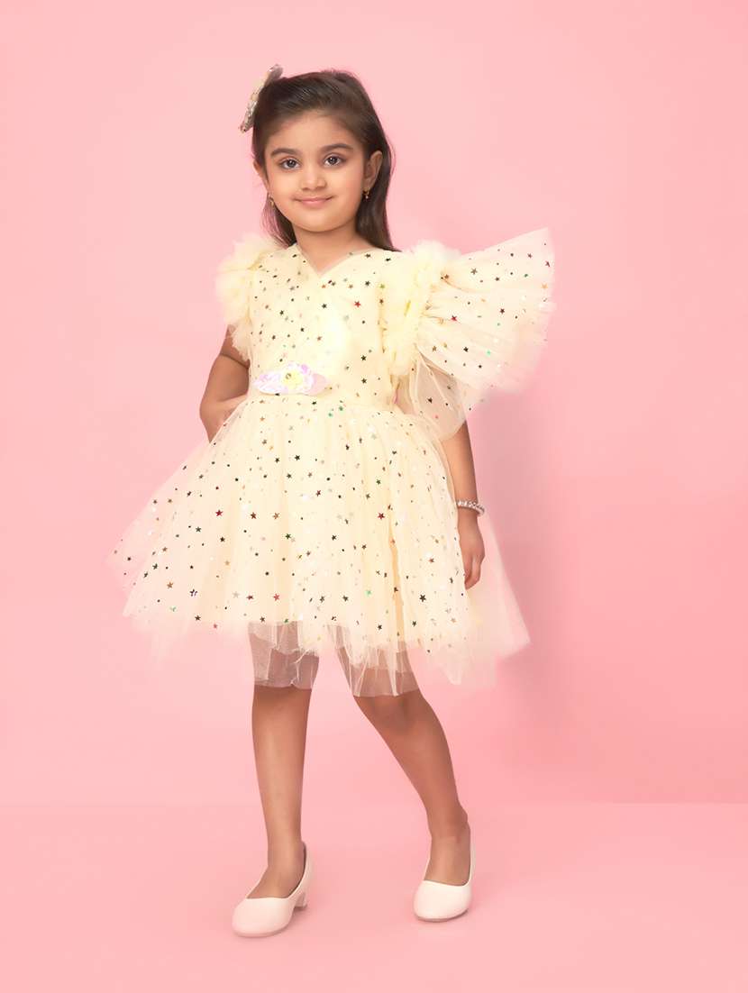 girls cream self design detailed frock - 21348799 -  Standard Image - 1