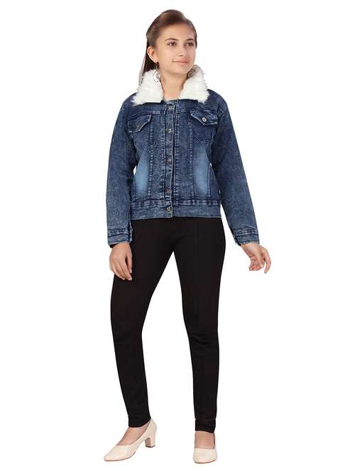 girls blue denim jacket with fur detailing - 21348830 - Standard Image - 0