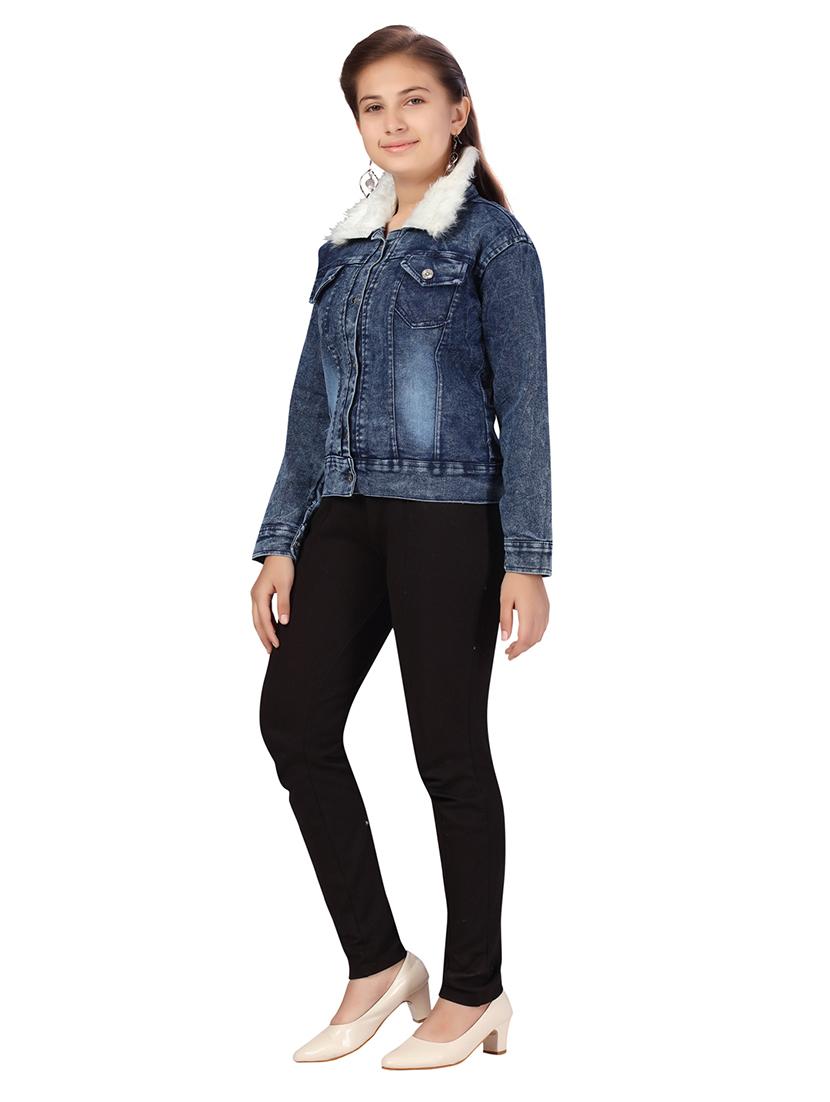girls blue denim jacket with fur detailing - 21348830 - Standard Image - 1