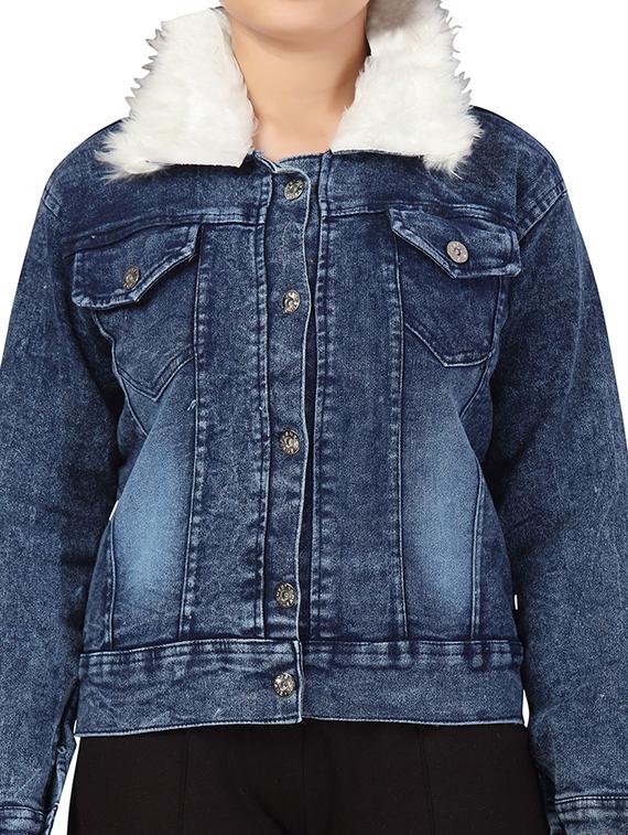 girls blue denim jacket with fur detailing - 21348830 - Standard Image - 4