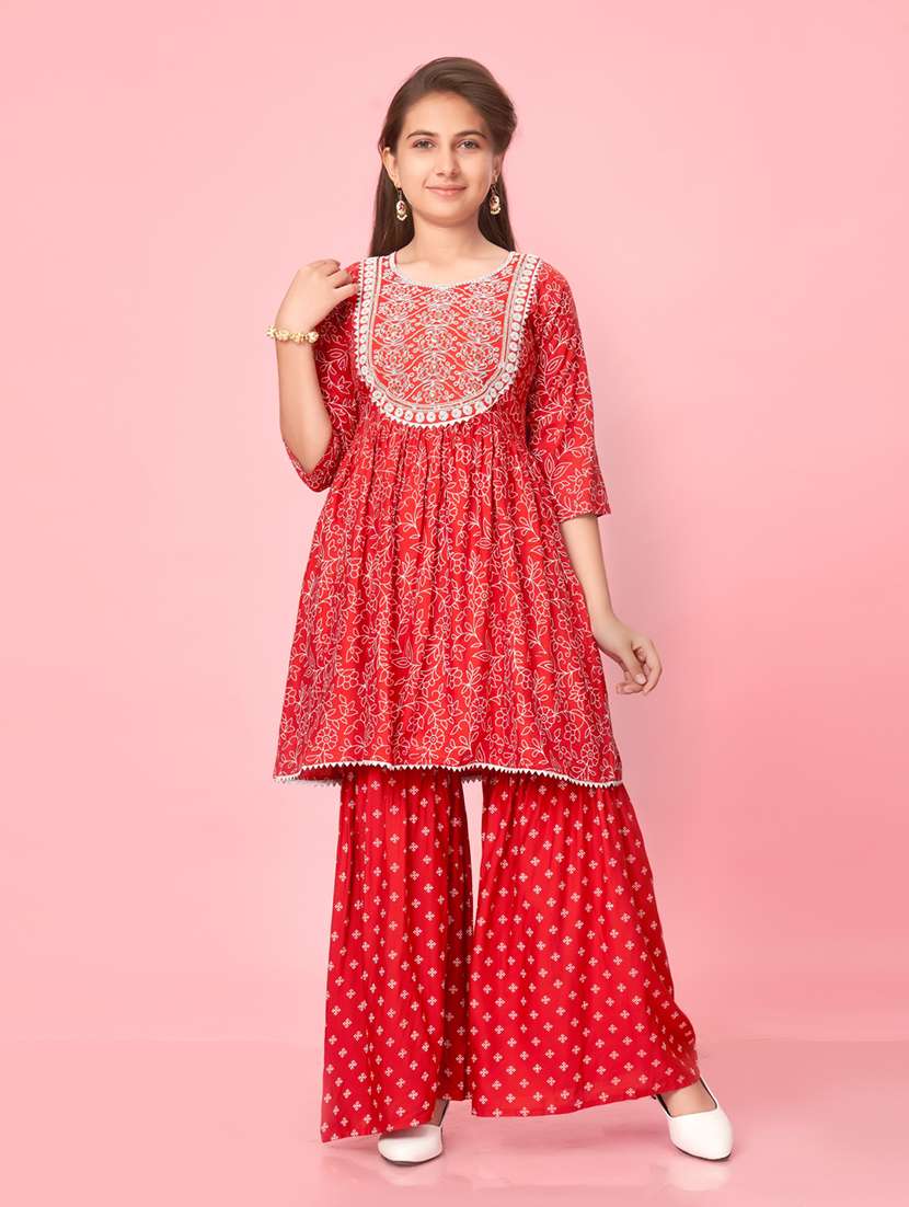 girls red cotton kurta sharara set