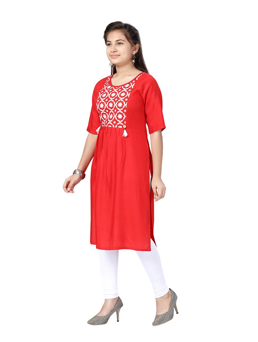 girls red embroidered cotton kurta legging set  - 21348923 -  Standard Image - 1