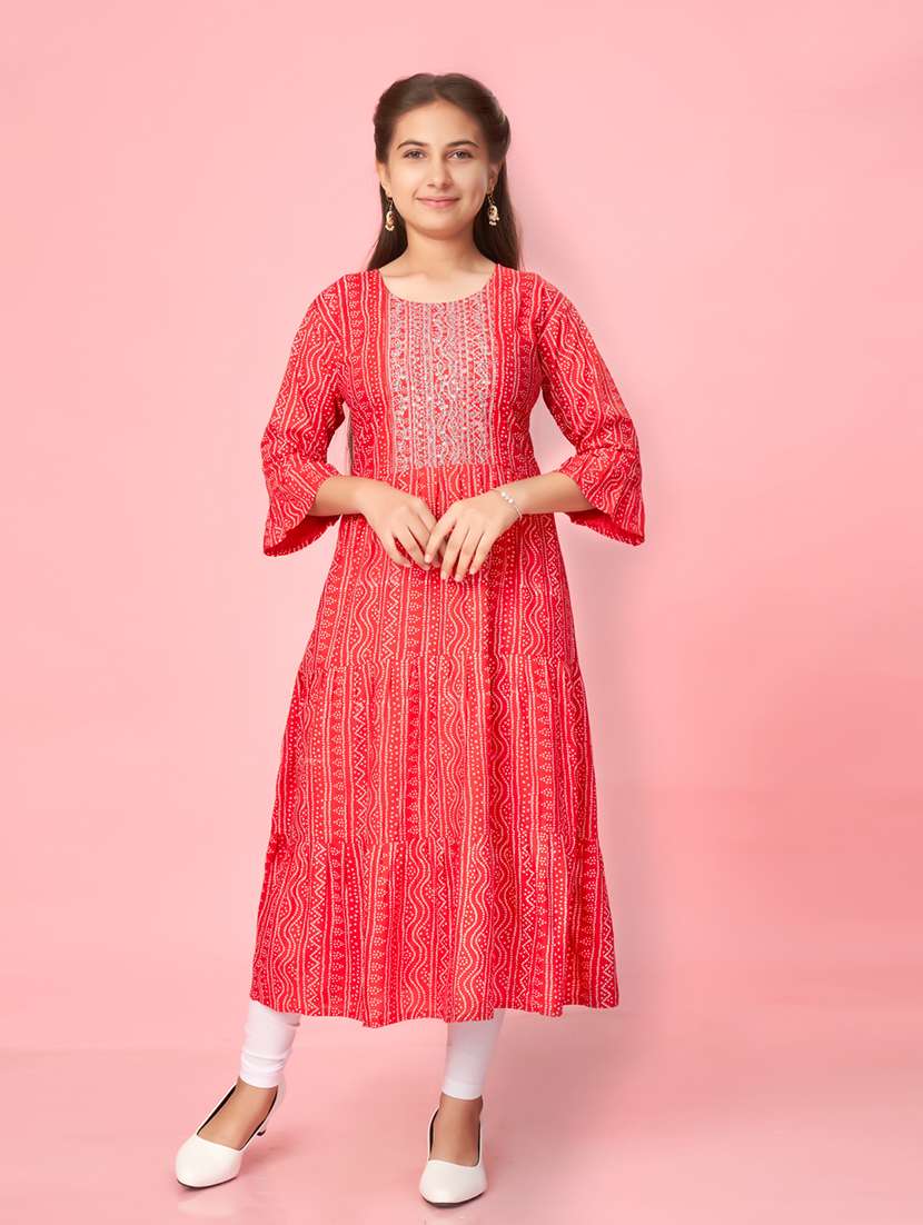 girls red printed cotton kurta legging set 