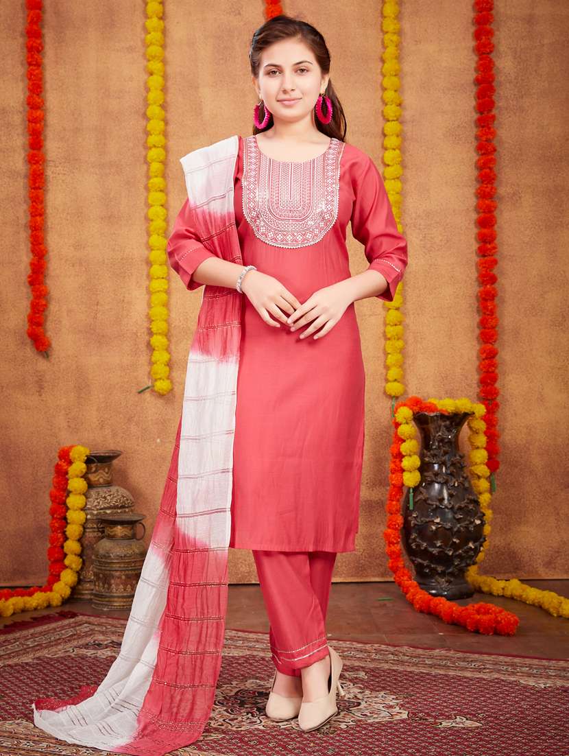 girls coral embellished neck suit sets