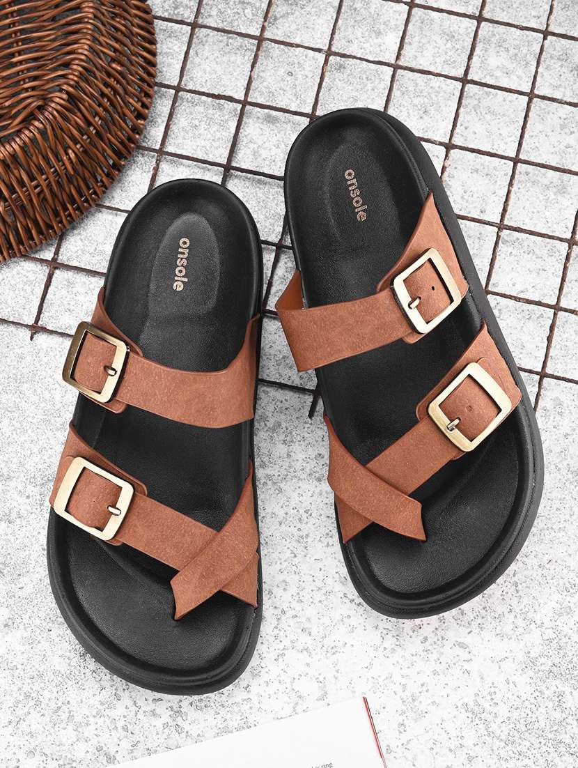 tan synthetic slip on sandals