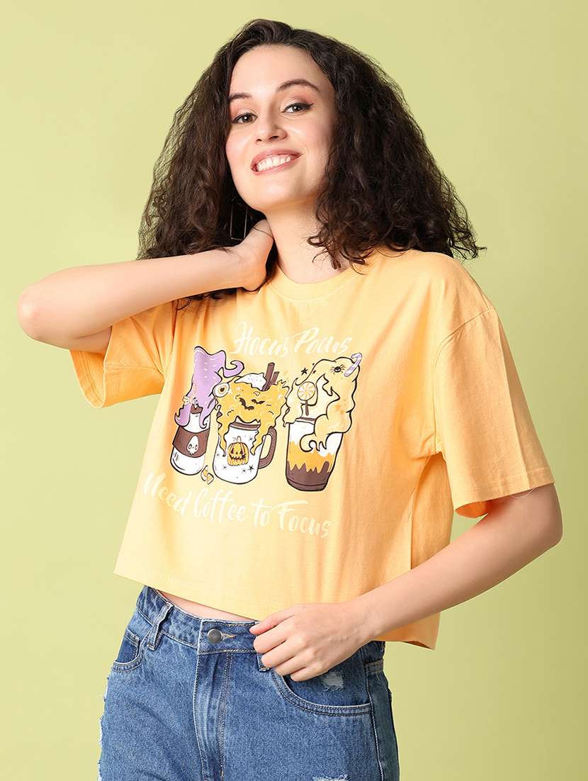 women peach printed crop t-shirt - 21349614 -  Standard Image - 1