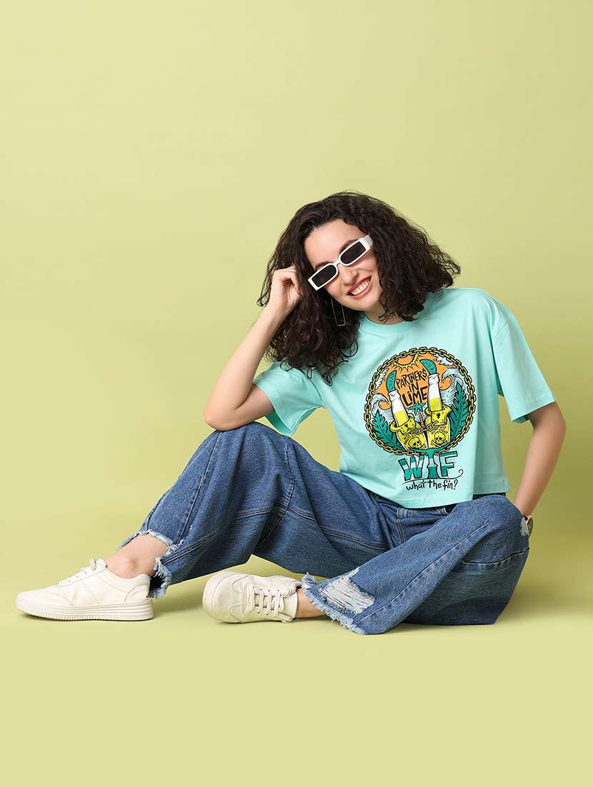 women sea green printed crop t-shirt - 21349616 -  Standard Image - 4