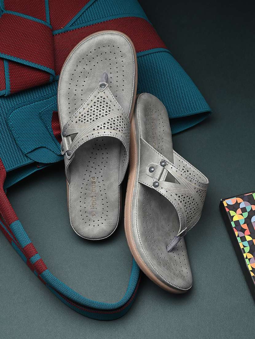 grey synthetic slip on sandals