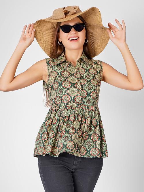 women printed collared sleeveless flared top - 21350593 -  Standard Image - 0