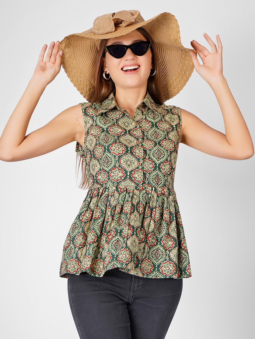 women printed collared sleeveless flared top - 21350593 -  Zoom Image - 0