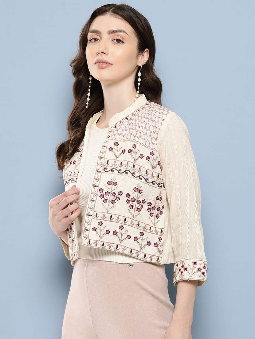 women three quarter sleeves ethnic jacket - 21350867 -  Standard Image - 1