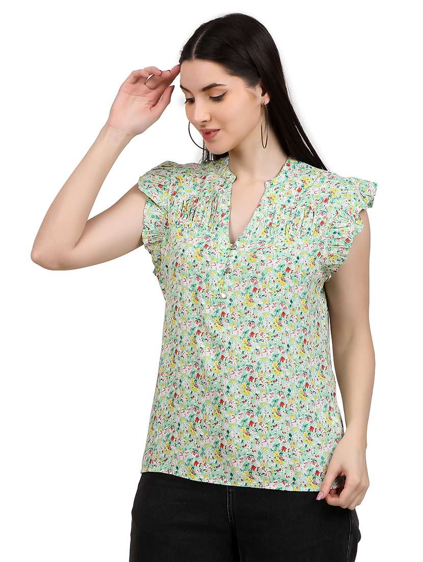 women prnted mandrain neck straight top - 21352095 -  Standard Image - 1