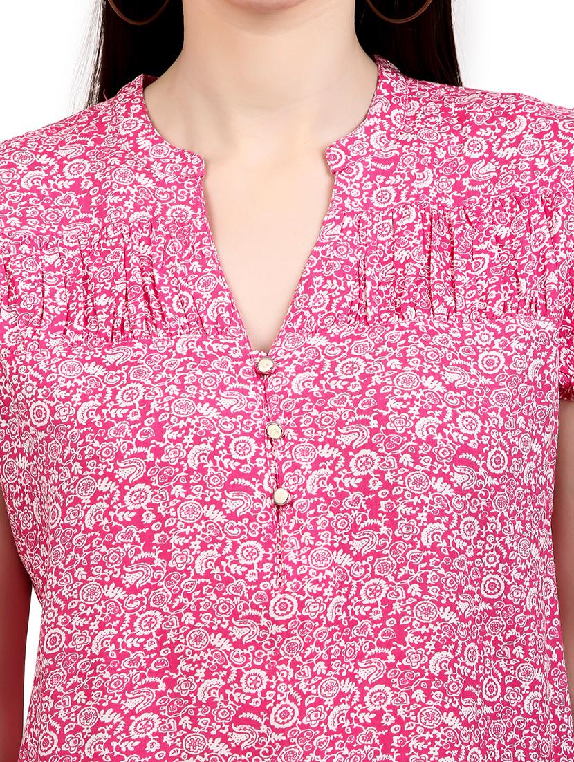 women printed mandrain neck straight top - 21352097 - Standard Image - 4